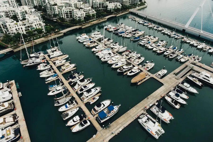 Aerial view of a marina with boat slips