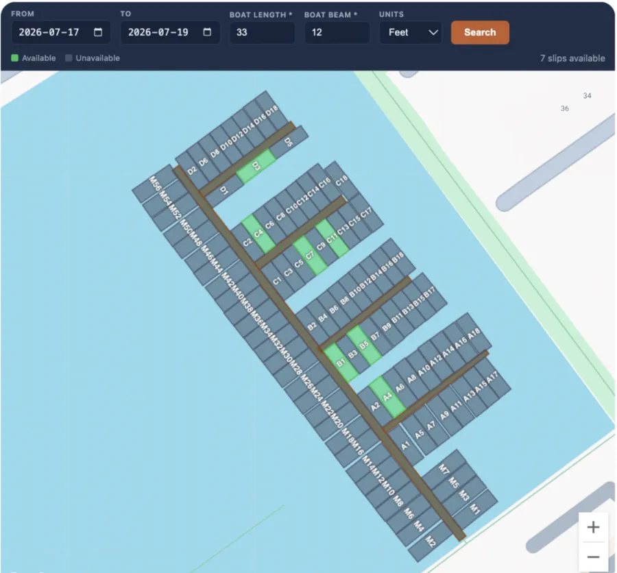 Interactive dock map showing available slips for the selected dates and boat size